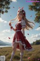 A woman in a red dress standing in a field of flowers.