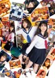 A collage of photos of a girl in a school uniform.