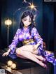 A woman in a kimono sitting on a table.